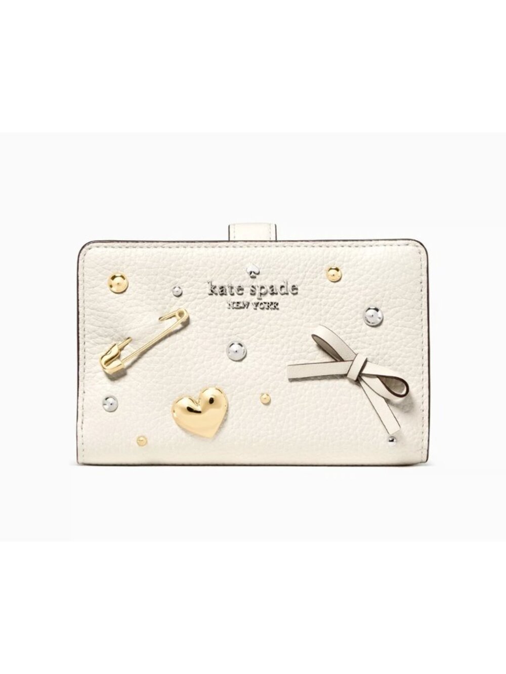New Kate Spade Charmed Medium Bifold Wallet Pebble Leather Meringue